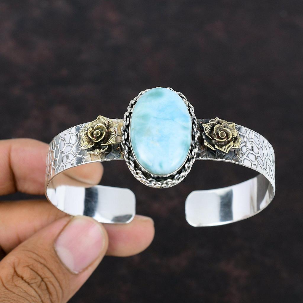 Браслет-манжета Larimar, браслет из стерлингового серебра 925 пробы, ювелирные изделия из настоящих драгоценных камней, позолота 18 карат, регулируемый браслет ручной работы, подарок для него, целебный камень