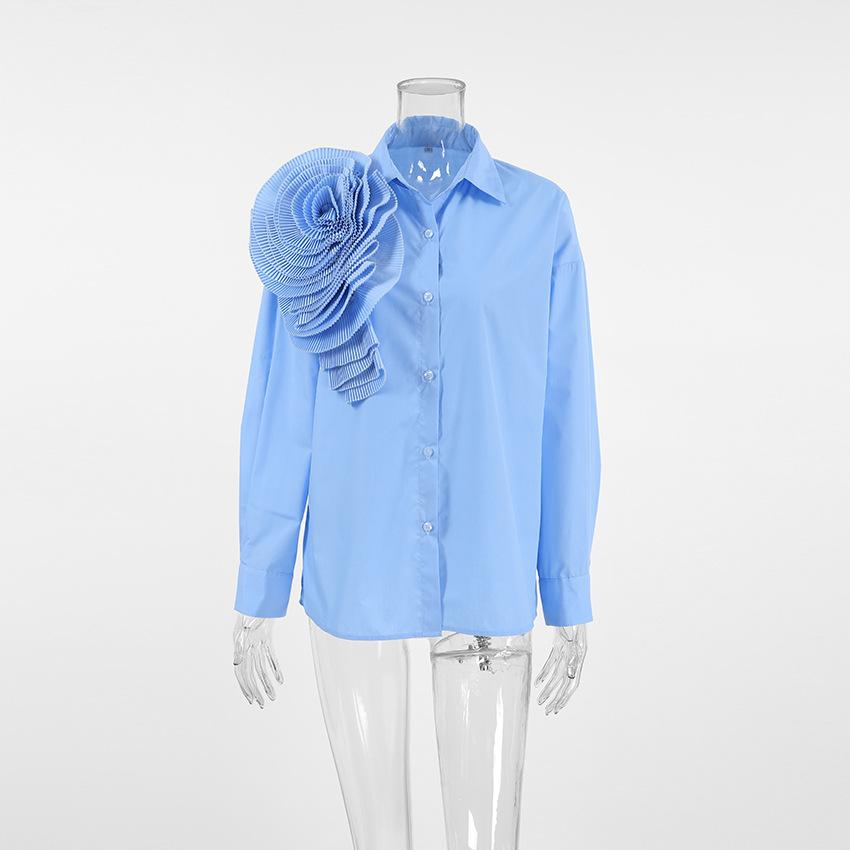 Russian fashion casual commuter shoulder sleeve design sense flower loose shirt European and American white women's shirt women