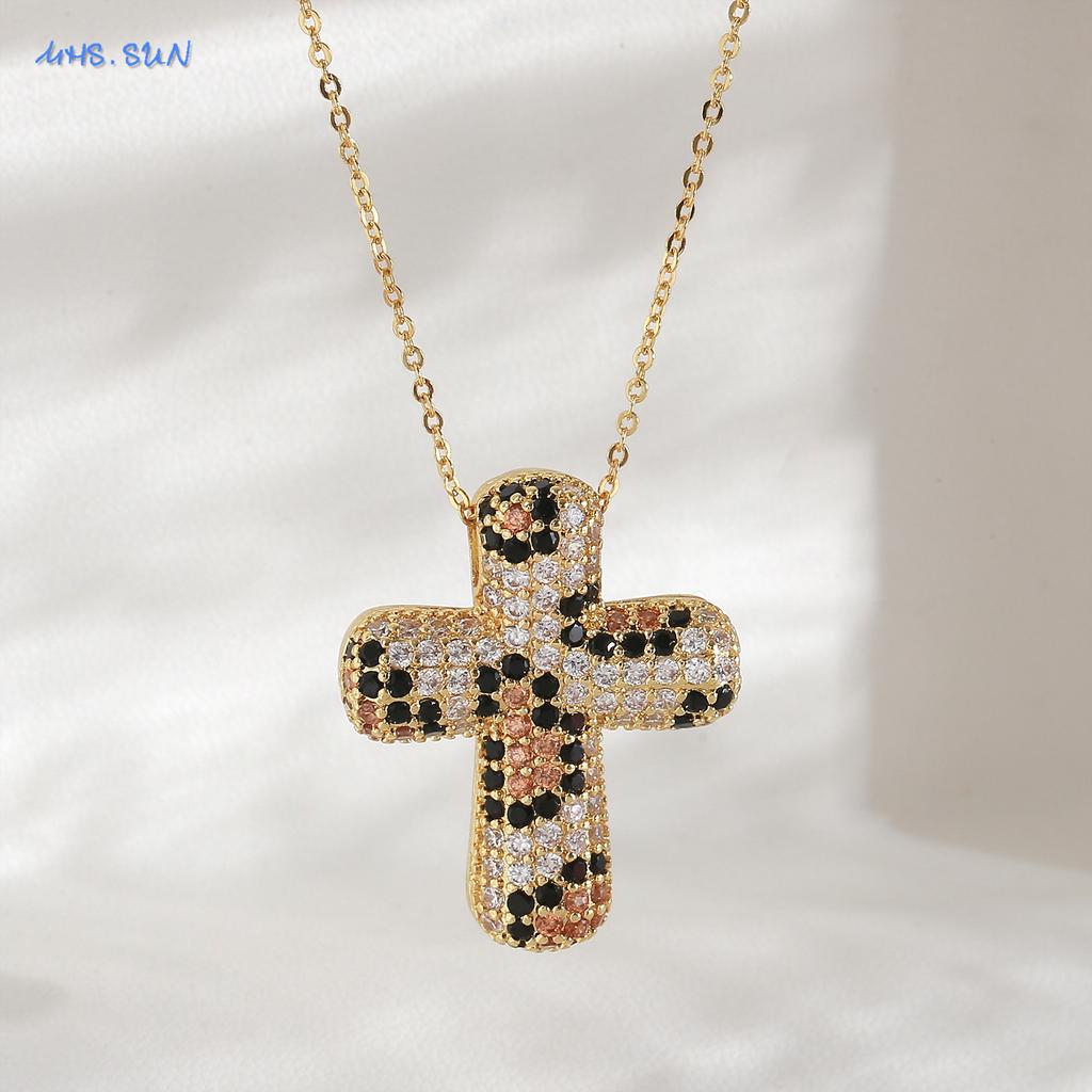 MHS.SUN Luxury Zircon Bubble Cross Pendant Necklace for Women Men Fashion Gold/Silver Color Religious Crosses Jewelry Gift
