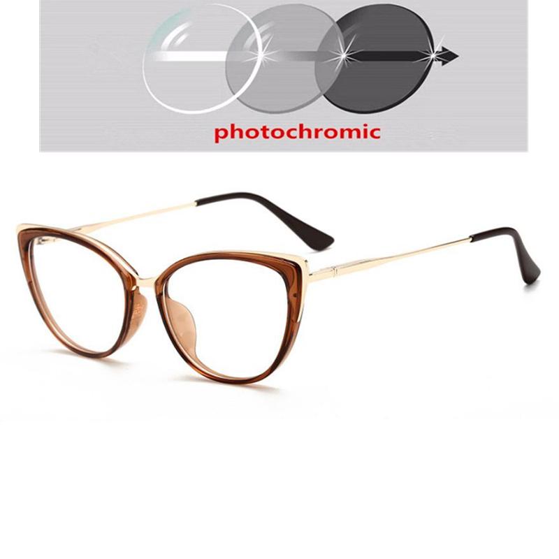 Anti-Blue Light Cat Eye Prescription Spectacle Women Myopia Lens Photochromic Glasses Diopter 0 -0.5 -0.75 -1.0 -2.0 To -6.0