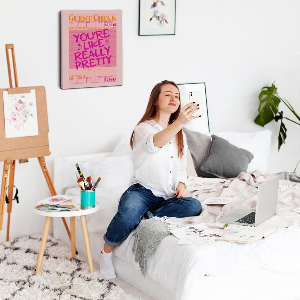 Preppy Trendy Funky Canvas Wall Art Aesthetic Poster Girls Room Decor Cute Girly Paintings Wall Decor Artwork You're Pretty Print for Home Bedroom