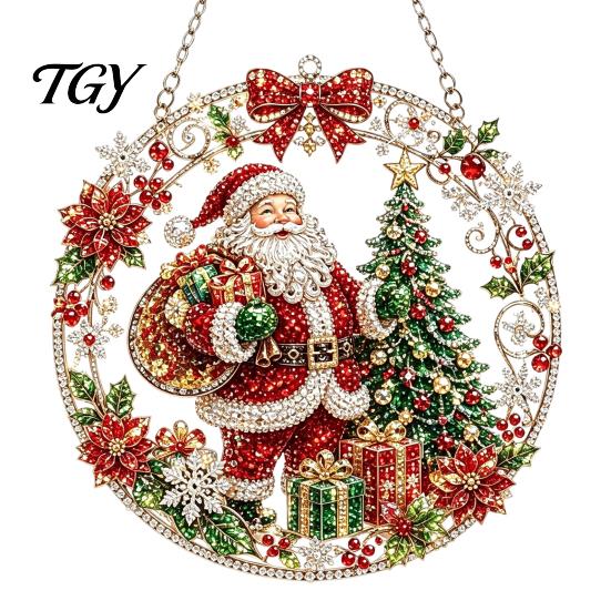 Textured Bead Art Kit Christmas Faux Diamond Ornament Kit, Santa Angel Sun Catcher DIY Acrylic Stress Free Creative Hobby Round Board, 3D Craft