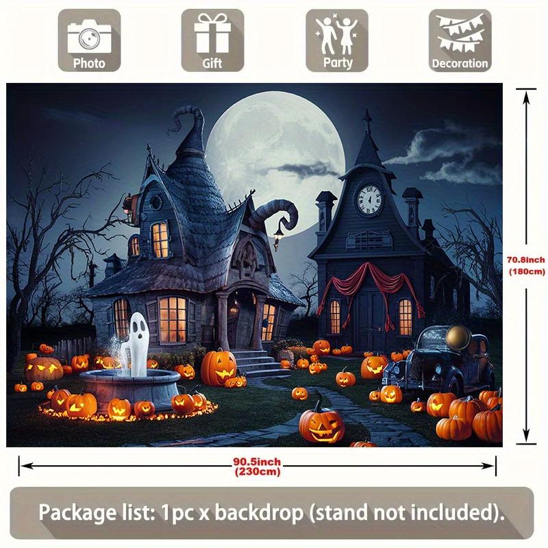 1pc Terrifying Halloween Polyester Banner - Wizard House Ghosts Pumpkins and Moonlit Cemetery Scenes