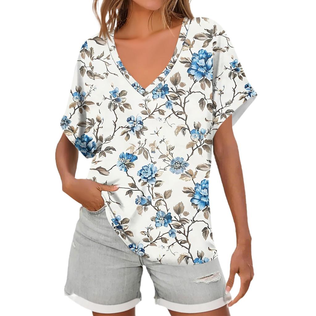 Womens Short Sleeve V-Neck Shirts Floral Print Loose Casual Basic Tees Summer Tops