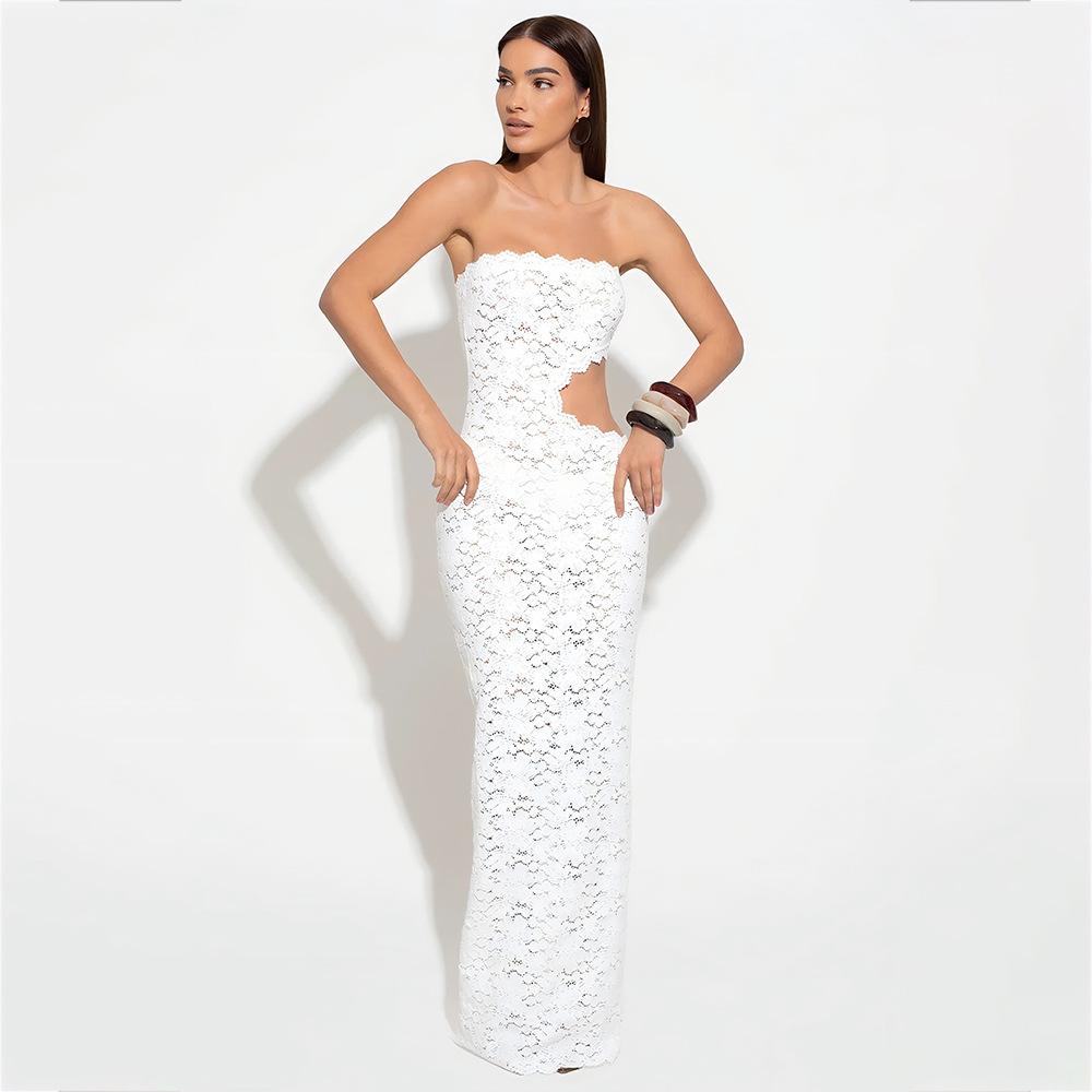 European and American summer new lace women's clothing fashionable and elegant one-word neck tube top sexy hip wrap dress