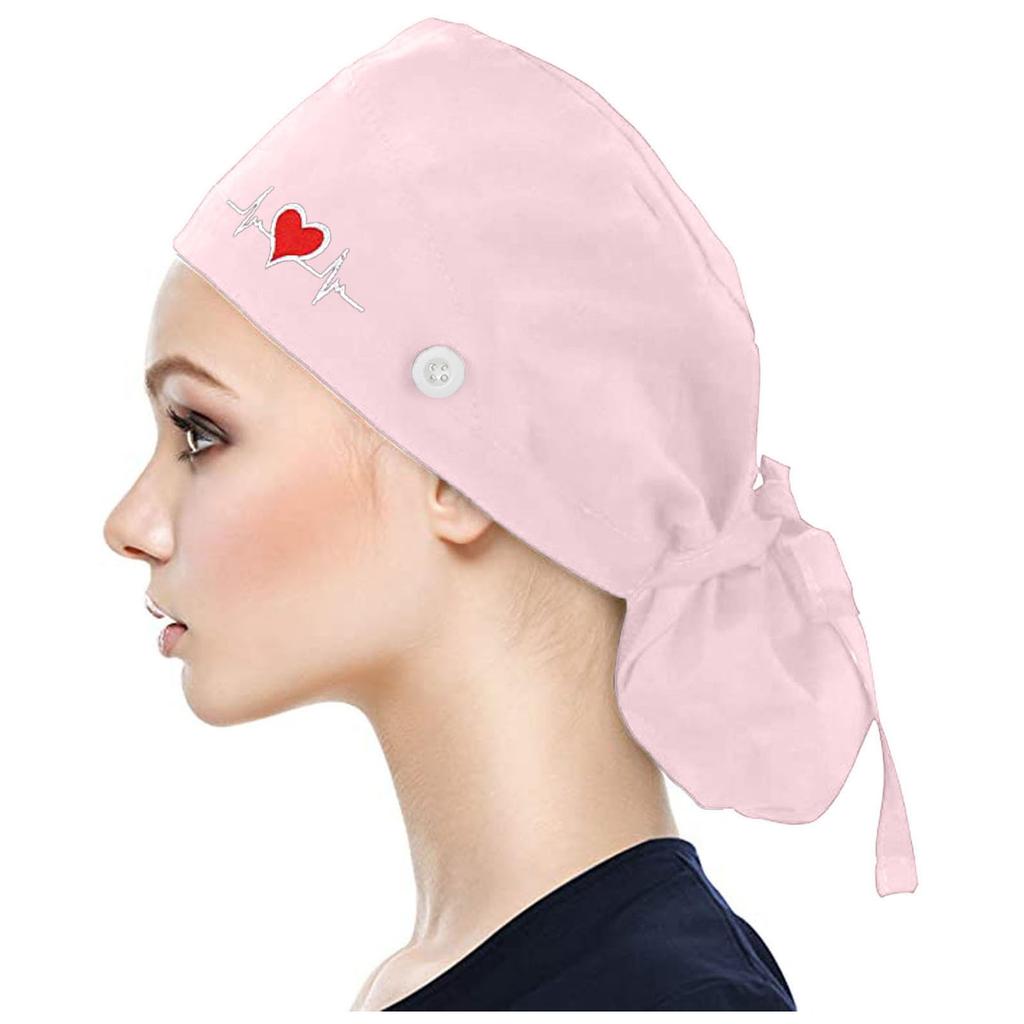 Scrub Cap With Buttons Bouffant Print Hat With Sweatband for Womens and Mens
