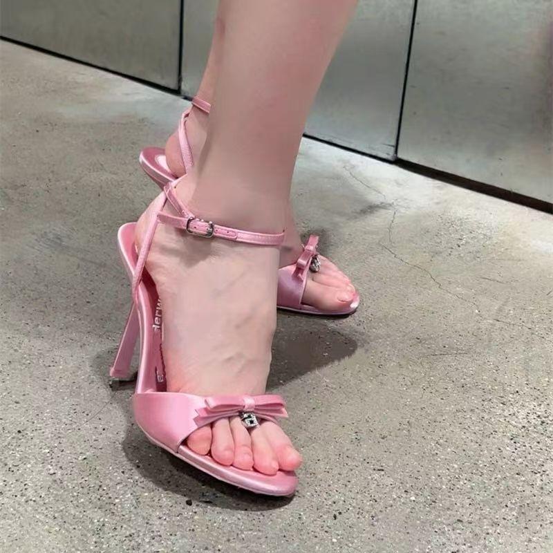 Лето 2025 французские милые туфли-лодочки с бантом, круглым носком и открытым носком на шпильке, женские элегантные феи, высокие каблуки, для улицы