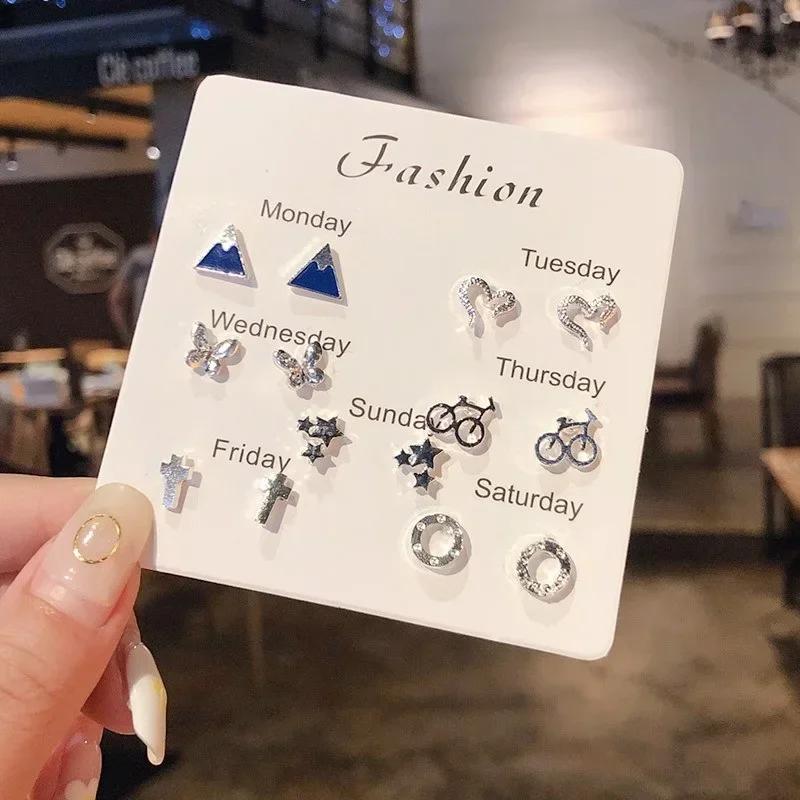 A Suit of Summertime Dazzle Colour Small Stone Sweet Earrings SetS for Women Crystal Clear Butterfly Love Heart Set Paty Jewerly