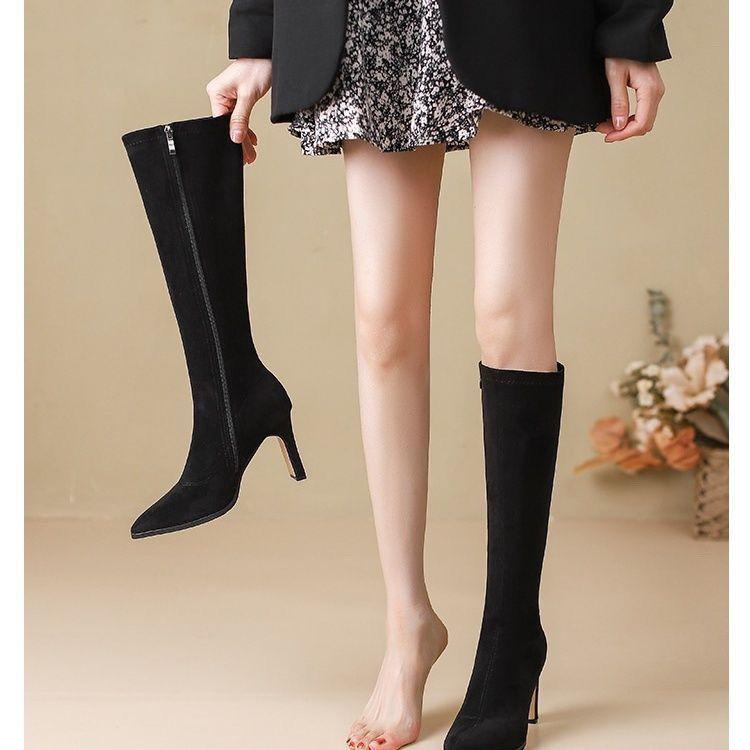 Pointed High-heeled Boots for Women's Autumn 2025 New Apricot Suede Elastic Thin Boots, But Knee Thick-heeled High Boots