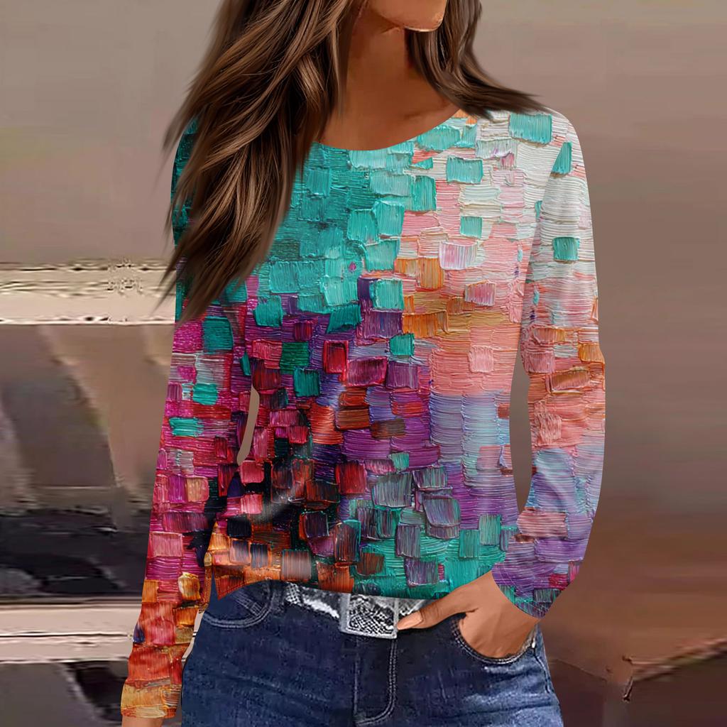 Женская модная повседневная свободная футболка с разрезом и круглым вырезом с длинным рукавом с принтом, женский топ