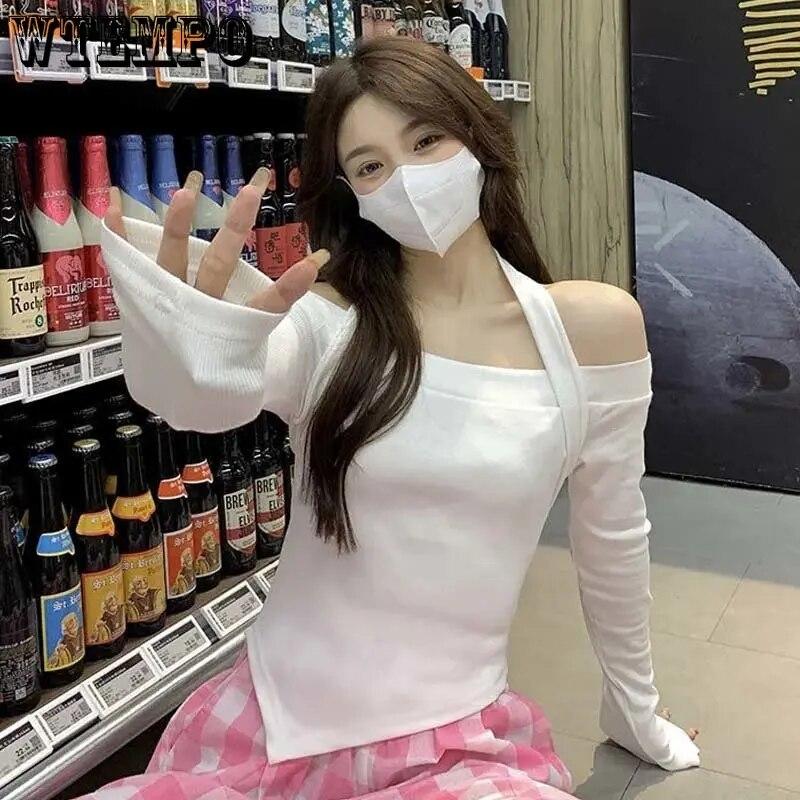 Off Shoulder Cropped Top Sexy Slim Women Thin Sweater Knitted Pullover Hottie Long Sleeve Tight Undershirt Hanging Neck Design