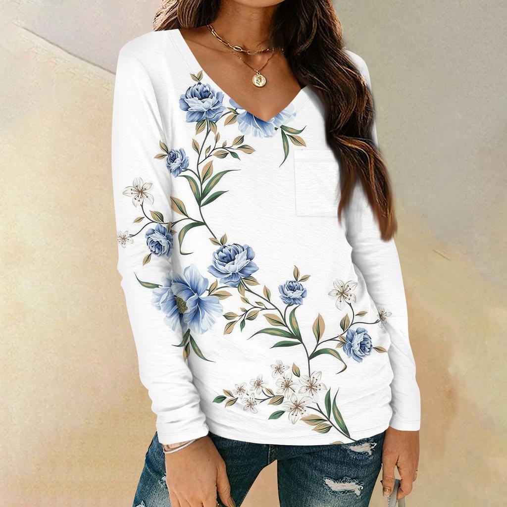 Женская мода повседневная блузка с длинным рукавом и цветочным принтом, V-образным вырезом и карманами