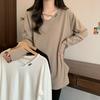Хлопковая футболка средней длины с v-образным вырезом, женская футболка с длинными рукавами, весна и осень, свободные открытые топы в иностранном стиле