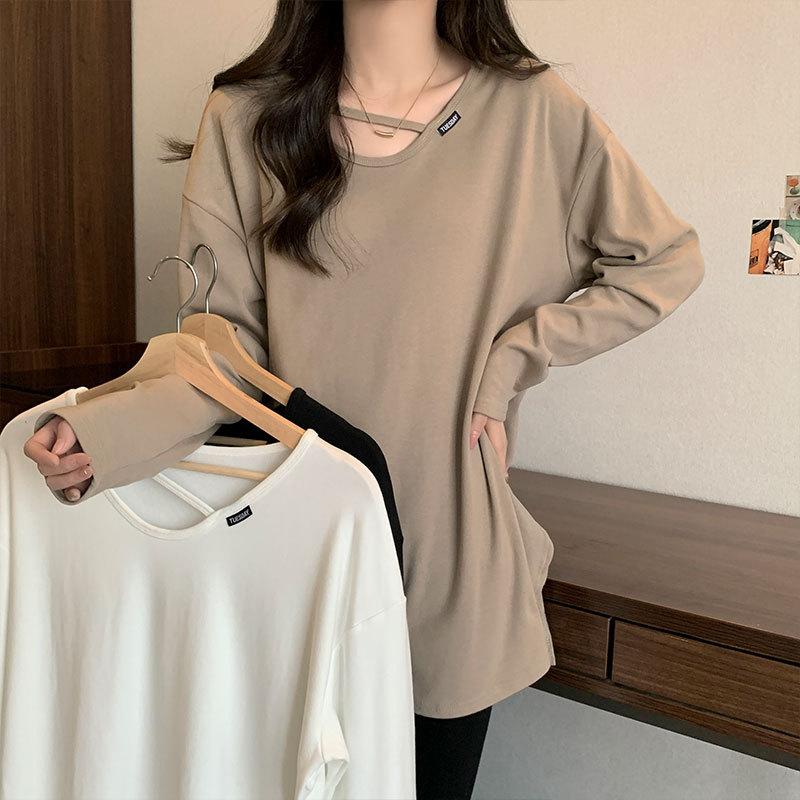 Хлопковая футболка средней длины с v-образным вырезом, женская футболка с длинными рукавами, весна и осень, свободные открытые топы в иностранном стиле