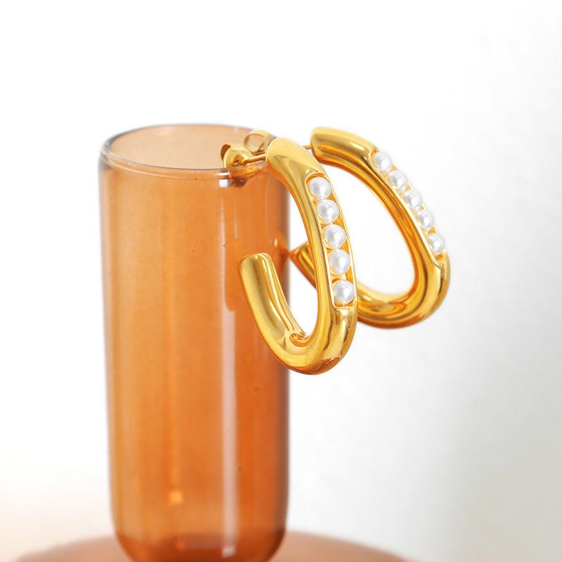 Элегантные французские серьги-гвоздики U-образной формы с жемчугом: Не выцветающая женская бижутерия из титановой стали с 18-каратным золотым покрытием