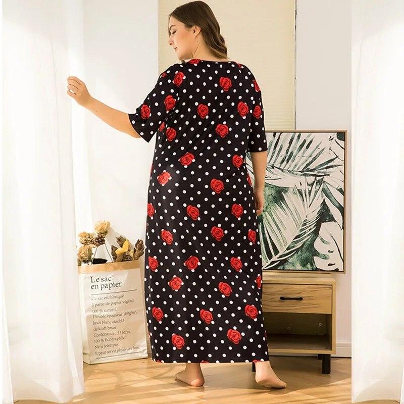 Женская ночная рубашка с короткими рукавами, ночная рубашка большого размера с цветочным принтом, свободная пижама в стиле ретро, ​​длинное платье большого размера с волнистыми точками