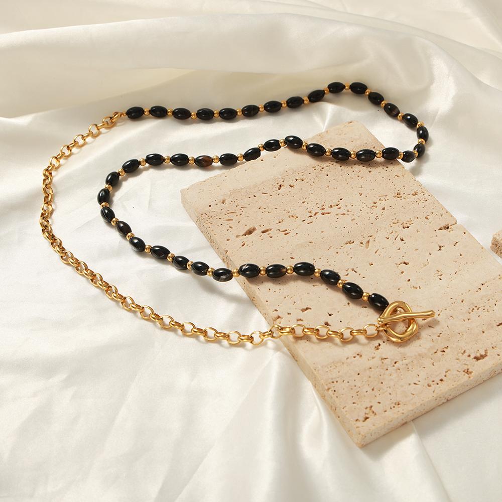 80cm Agate Beads Long Necklace For Women Stainless Steel 18K Gold Plated High Quality Women's OT Button Sweater Chain Necklaces