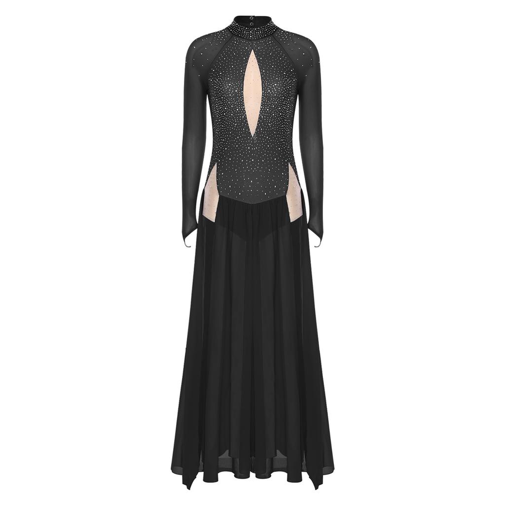 Женское блестящее платье для лирического танца со стразами, с длинным рукавом, открытой спиной, шифоновой юбкой с разрезом, цельный купальник-платье