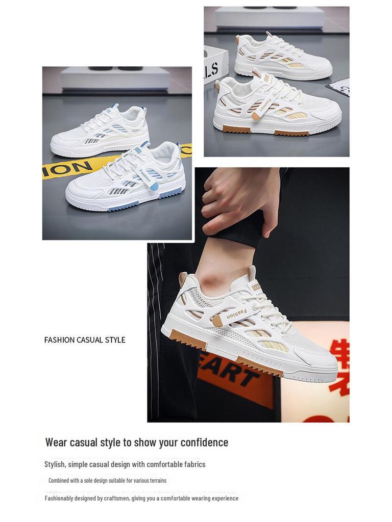 Men's Summer Breathable Mesh Canvas White Shoes, Korean Style All-Match Thick Bottom Casual Sports Shoes.
