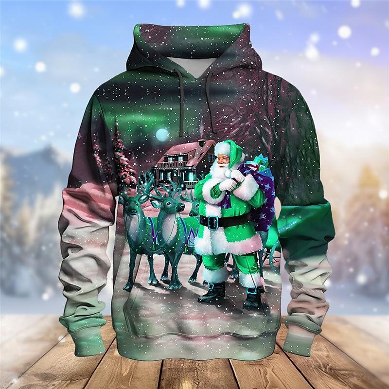 3D Printed Funny Santa Claus Hoodie For Men Christmas Elk Pattern Long Sleeves Casual Sweatshirt Unisex Loose Hoodies Pullover