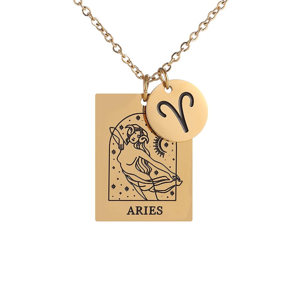 Htpwe Stainless Steel Twelve Zodiac Signs Pendant Necklace Women's Plated 18k Gold Couple Holiday Gift Necklace Party Zircon
