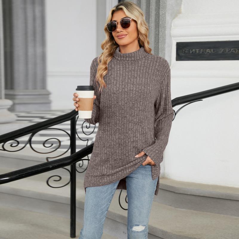 Women S High Neck Loose Long Sleeve Split T Shirt Top