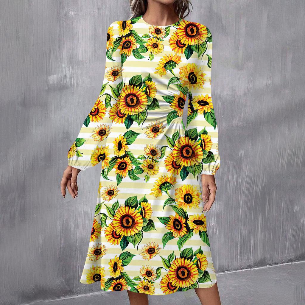 Women's Fashion Casual Print Round Neck Long Sleeve Midi Dress