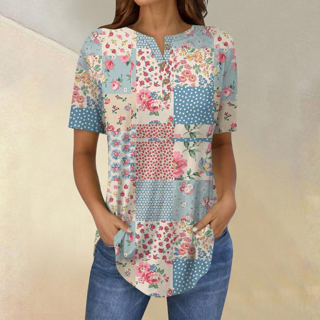 Short Sleeve Womens Tops Summer T-Shirts Floral Print V Neck Casual Basic Tee Button Shirts Tunic Tops