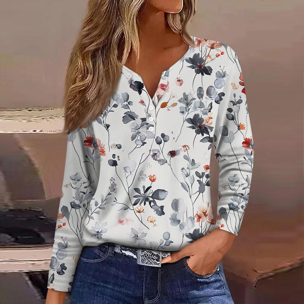 Жен. Футболка Футболка Пуговицы Цветочный принт Длинный рукав Повседневные Выходные Мода Классический Классический V-образный вырез Обычный Топ