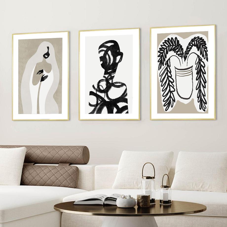 Абстрактные линии пион горшечные растения девушка портретные плакаты и принты настенная живопись на холсте для гостиной декоративные картины