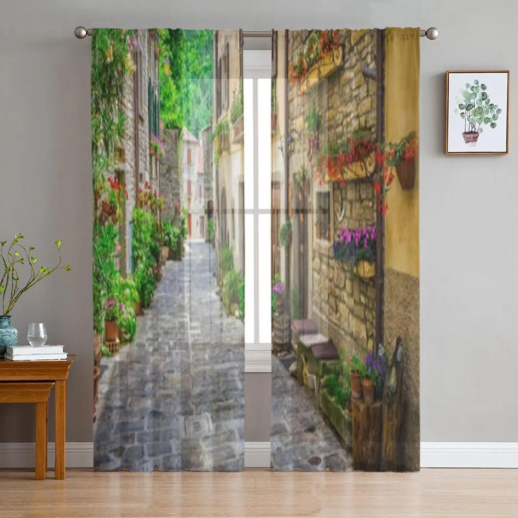 Italian Town Street Sheer Curtains for Living Room Transparent Tulle Window Treatments Bedroom Kitchen Home Decor Veil Drapes