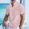 Men's Cotton and Linen Short Sleeved Stand Up Collar Half Buttoned Shirt - Spring and Summer Casual Outdoor Wear