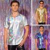 Men's Shiny Metallic Shirt Short Sleeve Lapel Shirt Button-up Sparkling Disco Outfit for Stage