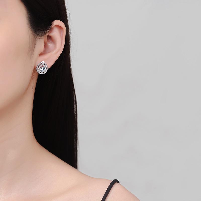 Manufacture 0.5Carat Moissanite 925 Sterling Silver Earrings Double Line Pear Shape with Tiny Zircon Waterproof Design