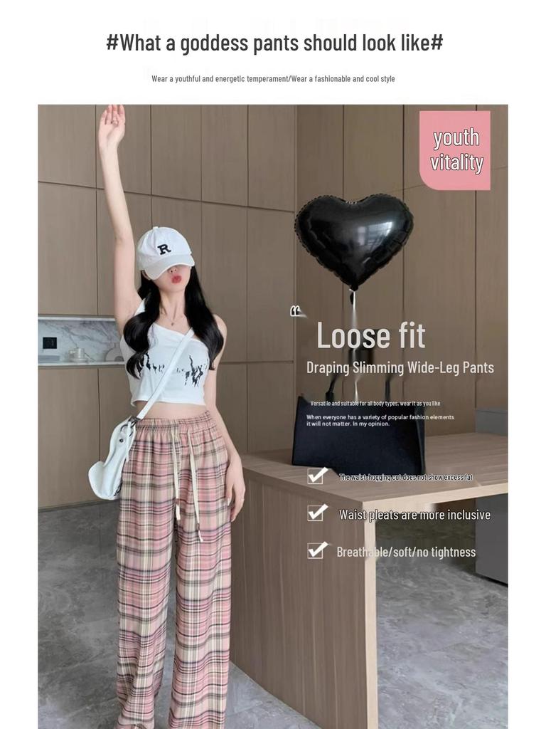 Pink Plaid Wide-Leg Pants for Petite Pear-Shaped Women - Slim Fit, Loose Straight-Leg, Floor-Length for Spring/Autumn