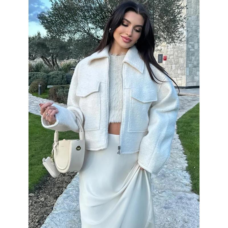 Vintage Women Solid Tweed Cropped Jacket with Pockets Long Sleeves Lapel Cardigan Coat Female Street Outerwear