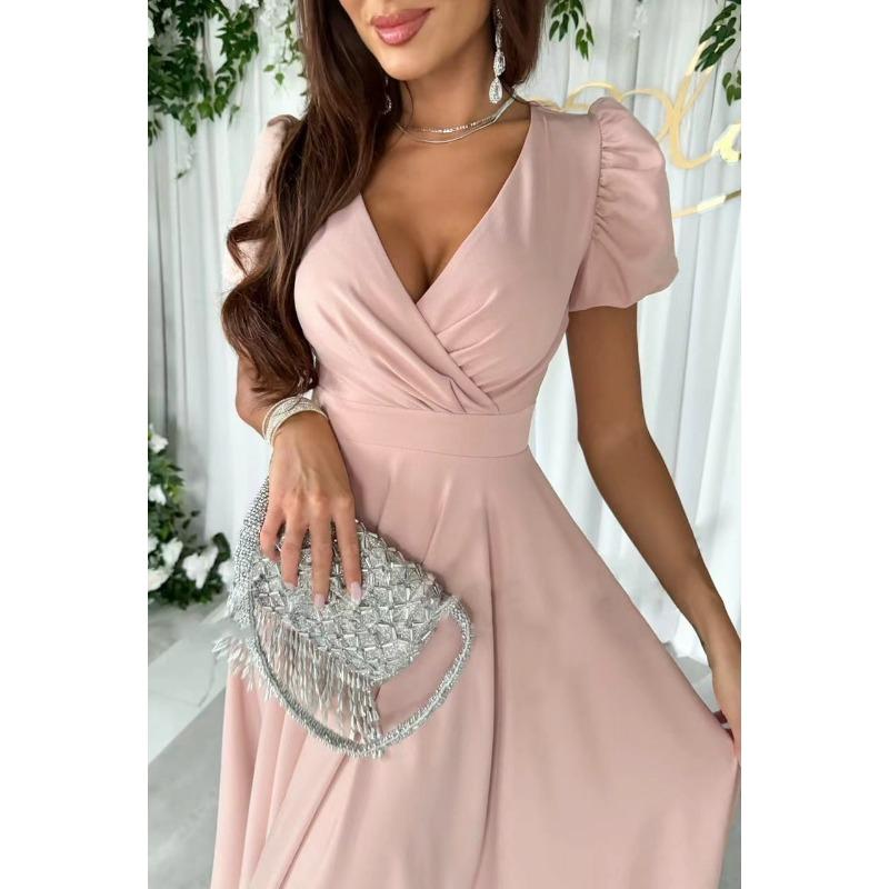 YYFS Women's Fashion Summer Spring Solid Color Print Short Sleeve V-Neck High Waist Casual Dresses