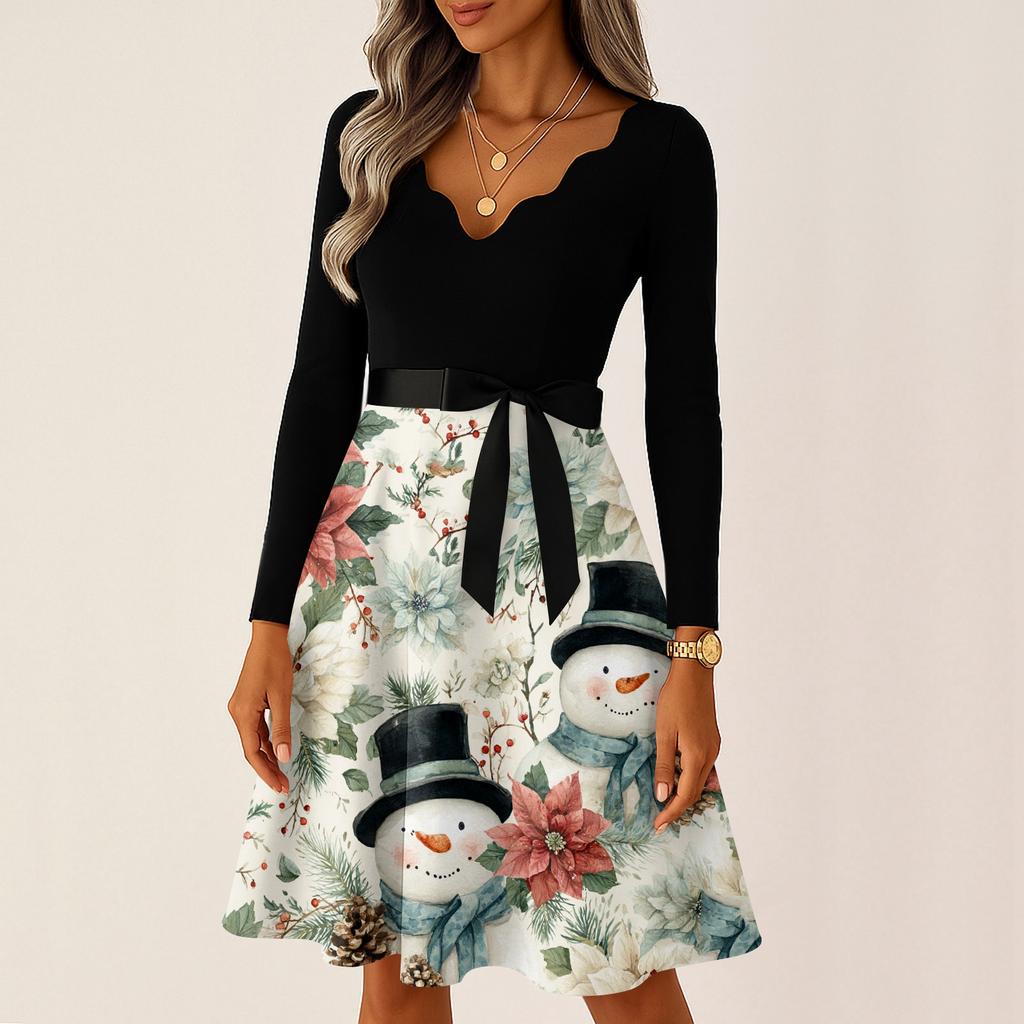 Женское повседневное модное платье с V-образным вырезом и длинными рукавами в стиле ретро с рождественским принтом