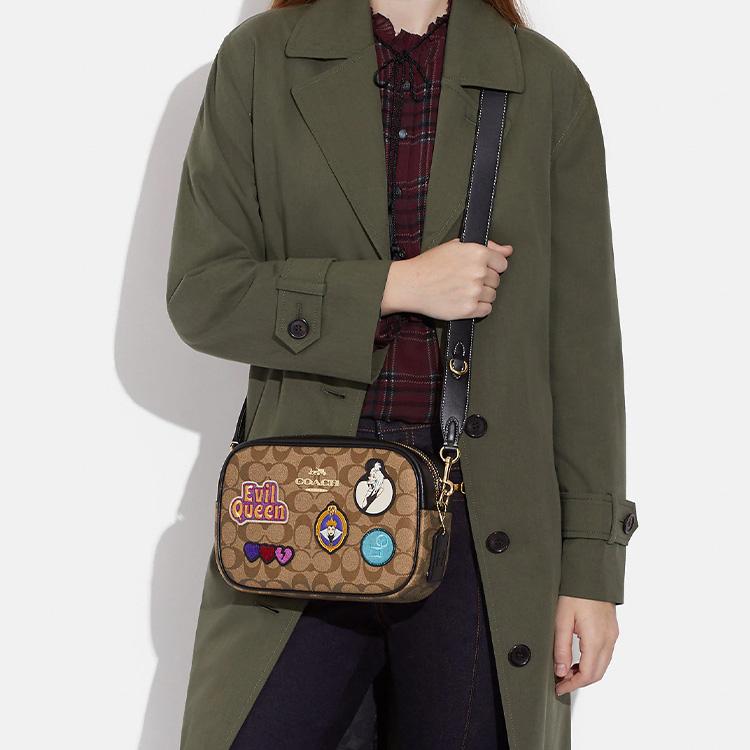 Coach X Disney Jamie 25 Classic Monogram Zip Cartoon Logo Decor Coated Canvas And Leather Crossbody Bag Medium Women Crossbody Bag CC151-IME7V
