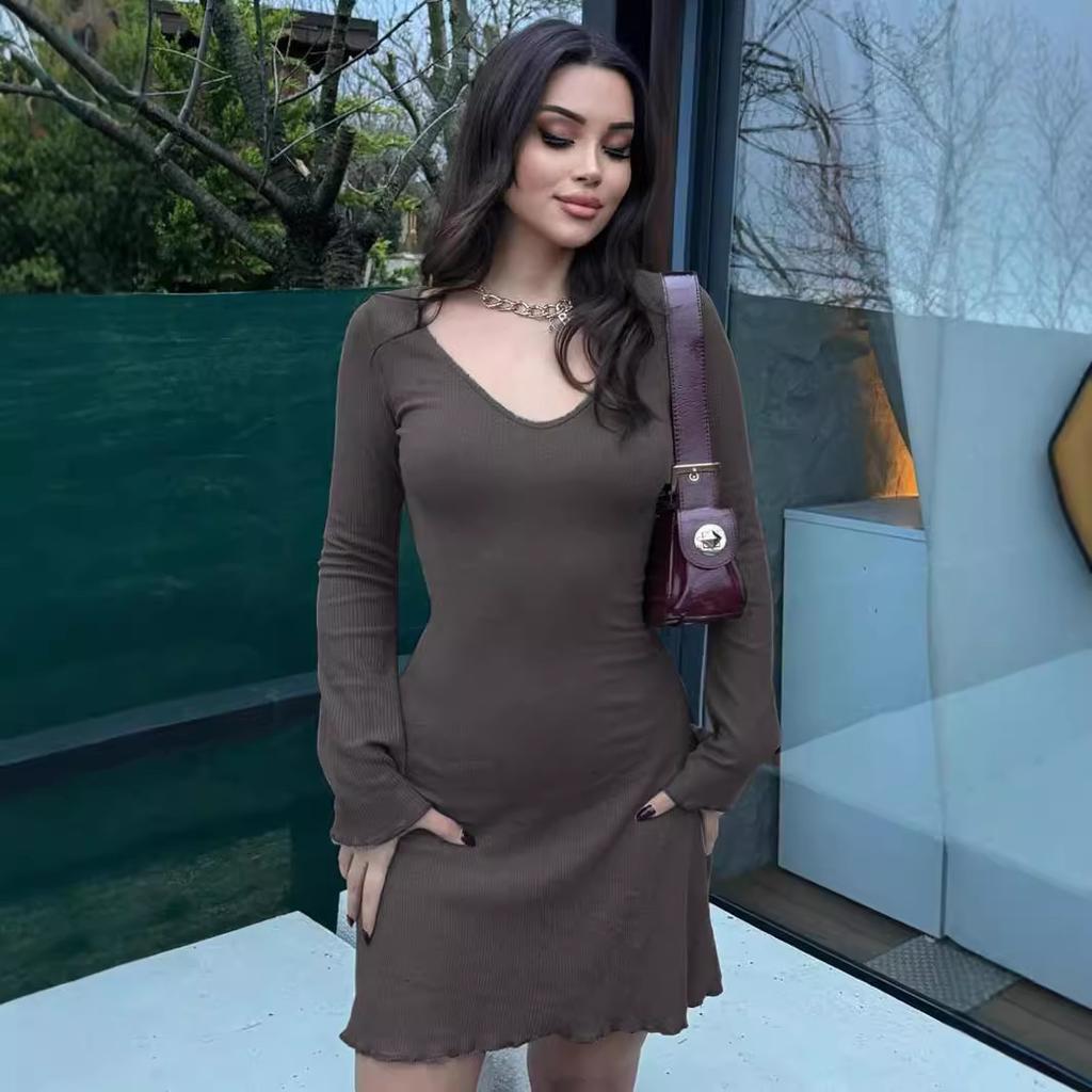 Стиль Женское Летнее Новое Однотонное В рубчик Модное Платье с Длинным Рукавом и Талией