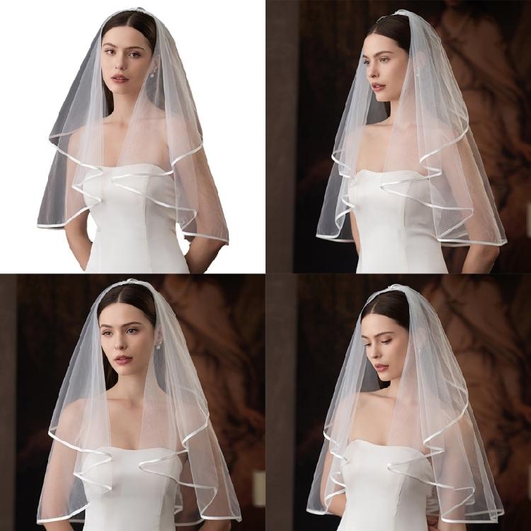 White Wedding Veil with Hair Comb Double Layer Bridal Veil Wedding Headpiece for Bride Short Veil for Engagement Event