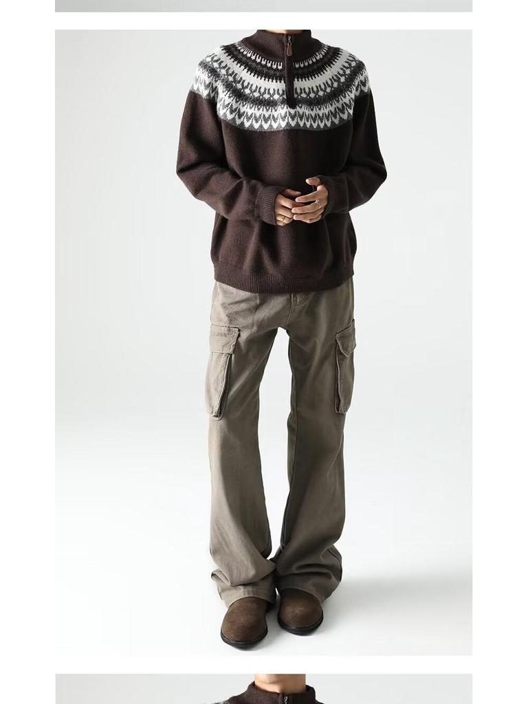 Мужской ретро вязаный свитер с жаккардовым узором и молнией на половину - Осенне-зимний стиль