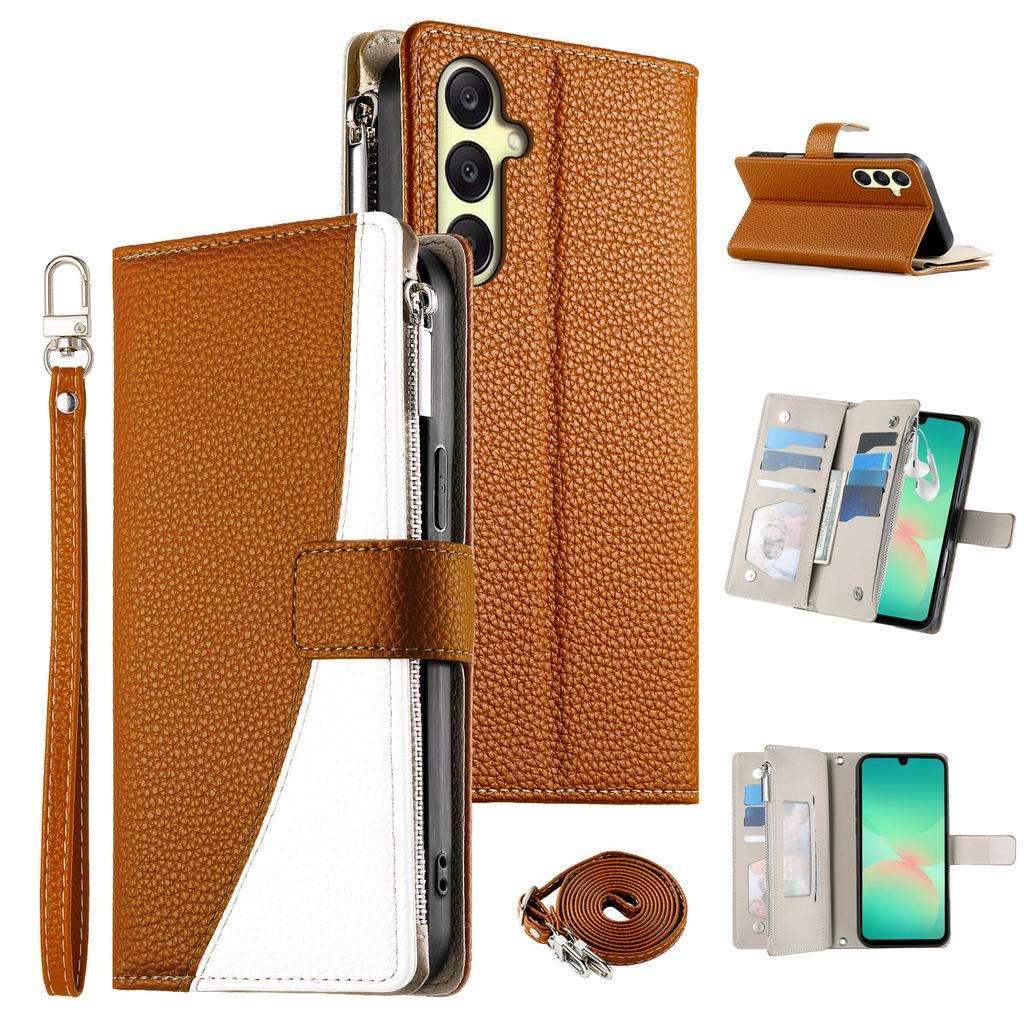 For Samsung Galaxy A26 5G Case Zipper Wallet Color Splicing Leather Flip Phone Cover with Straps