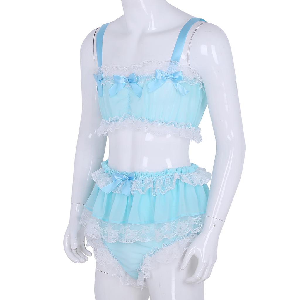 Men's Ruffled Frilly Lace Satin Sissy Lingerie Set Bra Skirted Panties Bloomer Underwear