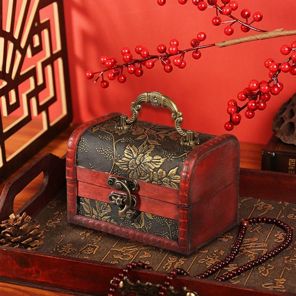 Винтажный сундук с сокровищами Мини-шкатулка Портативная деревянная шкатулка для украшений Органайзер для косметики