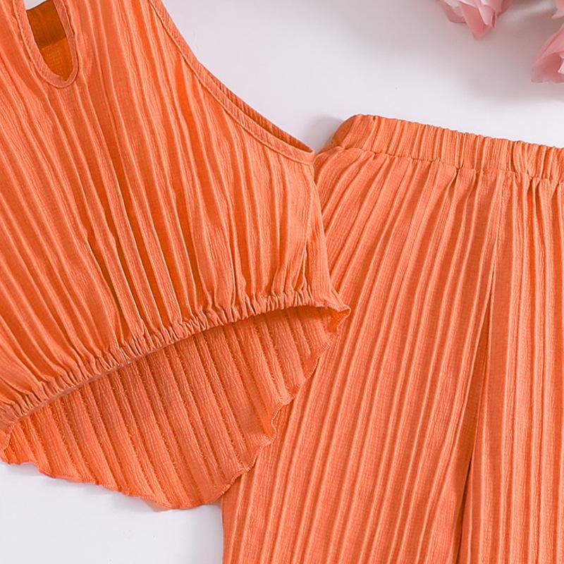 Модный костюм для девочек, летний детский элегантный топ без рукавов с бретельками через шею, повседневные брюки, костюм из двух частей