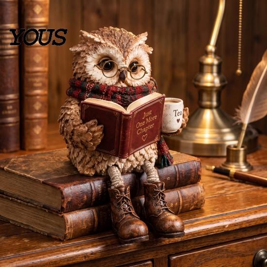 Декоративная фигурка на Рождество Читающая сова, Статуэтка с открытой книгой, очками, шарфом и сапогами, Статуэтки животных из смолы, Скульптура для полок