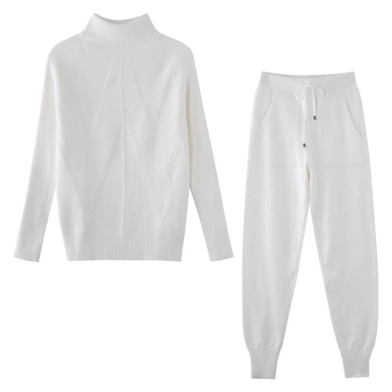 Women's Solid Color Sweater Set Fashion Casual Thread Turtleneck Pullovers Elastic Trousers Knitted Two Piece Sets Autumn Winter
