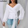 Women Fashion Solid Color Off Shoulder Lantern Long Sleeve Blouses