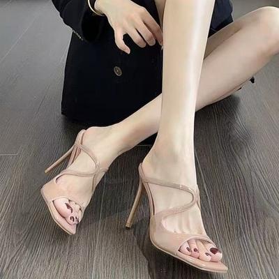 Босоножки на высоком каблуке Женская обувь Тонкий каблук Перекрестные ремешки Шлепанцы